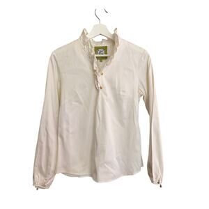Elizabeth McKay Top Womens 2 Creamy White Ruffle Neck Toggle Button Classic